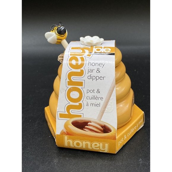 Mini Honey Pot Ceramic Jar & Wood Dipper Joie MSC Beehive with Bee 2002 BPA free - Picture 2 of 11